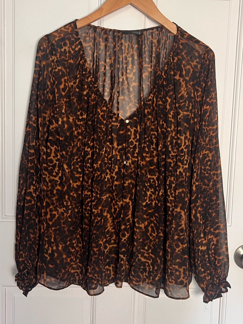 Zara Sheer Leopard-Print Long-Sleeve Blouse - Brown/Black